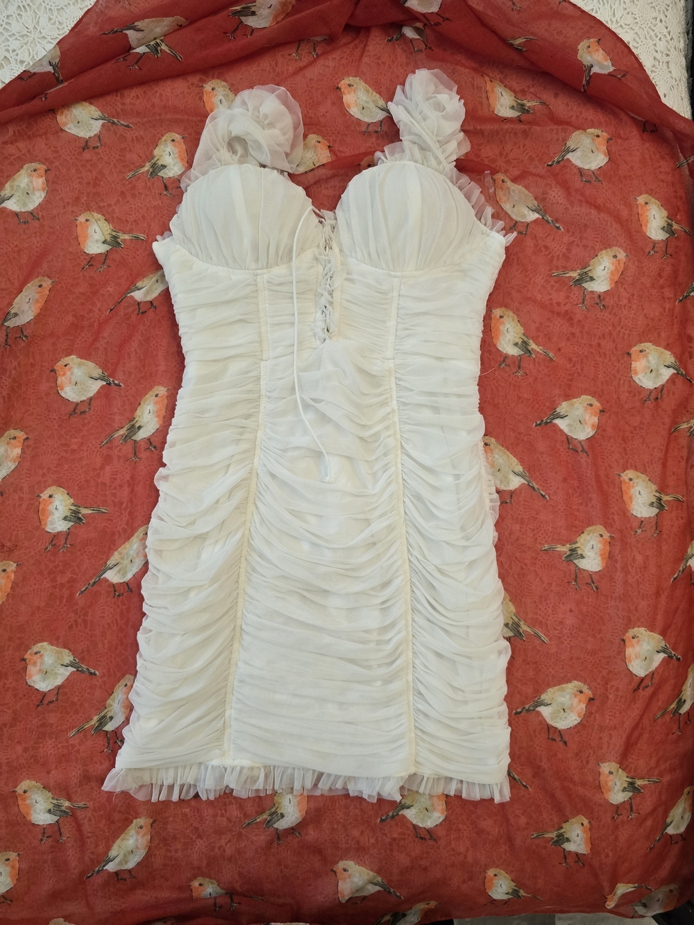 Fashion Nova White Ruching Mini Dress with Ruffle Straps
